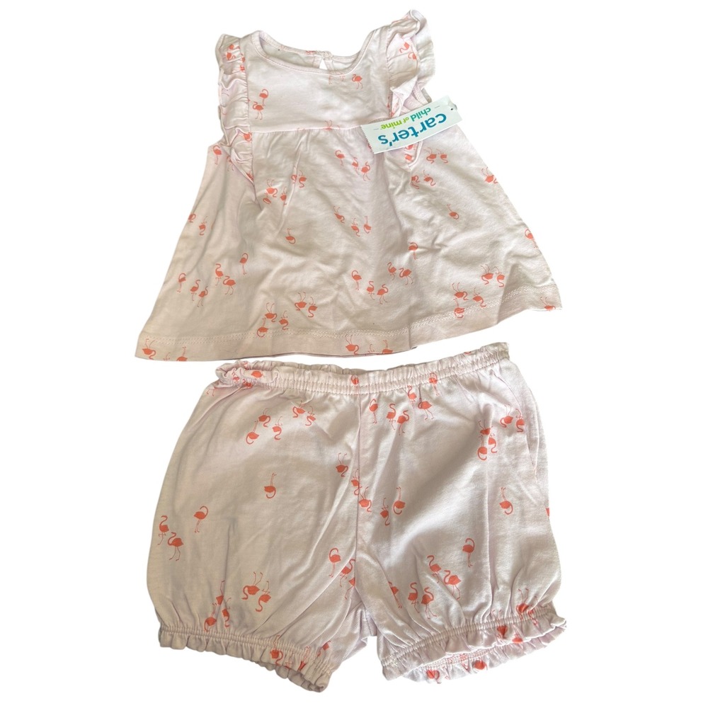 NWT Child of Mine by Carter's‎ Baby Girl Outfit 12M Flamingo 2 Piece Top Shorts
